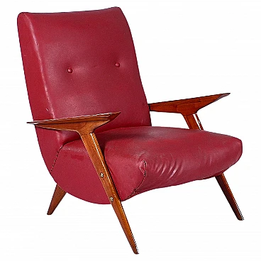Wood and red leather armchair attributed to Carlo Graffi, 1950s