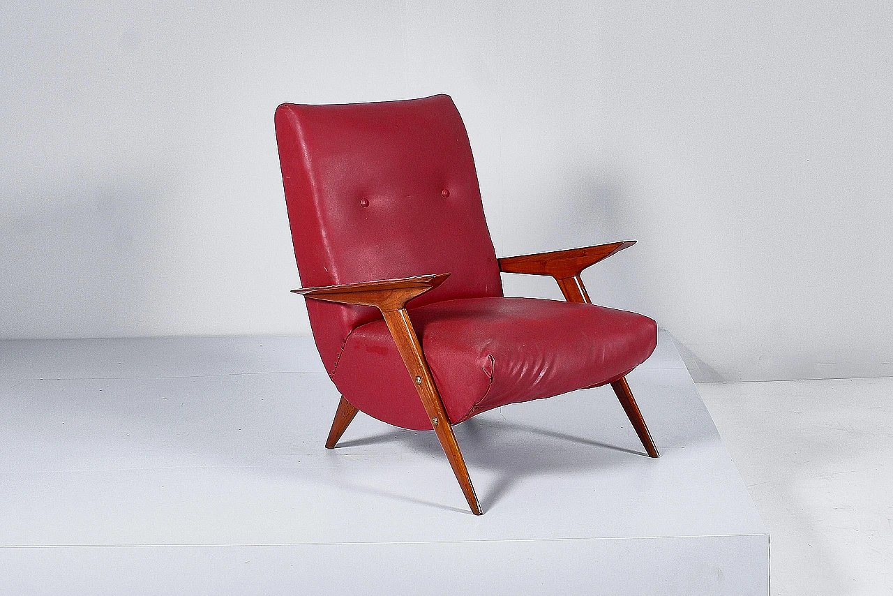 Wood and red leather armchair attributed to Carlo Graffi, 1950s 2