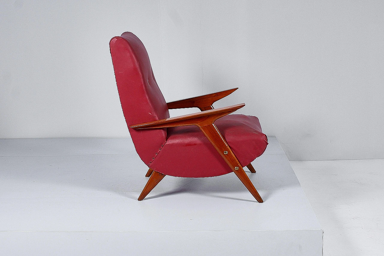 Wood and red leather armchair attributed to Carlo Graffi, 1950s 3