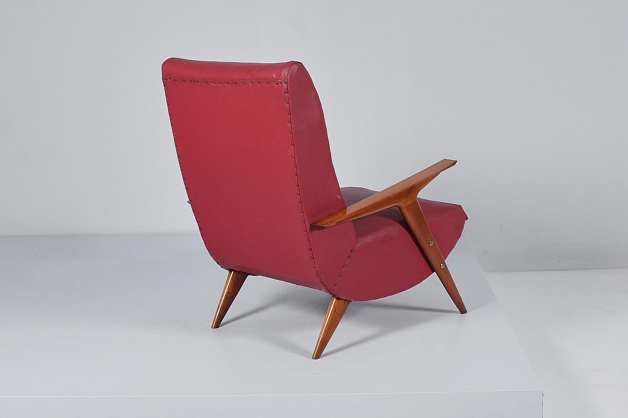 Wood and red leather armchair attributed to Carlo Graffi, 1950s 4