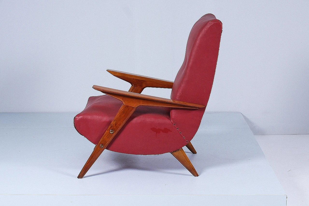 Wood and red leather armchair attributed to Carlo Graffi, 1950s 7