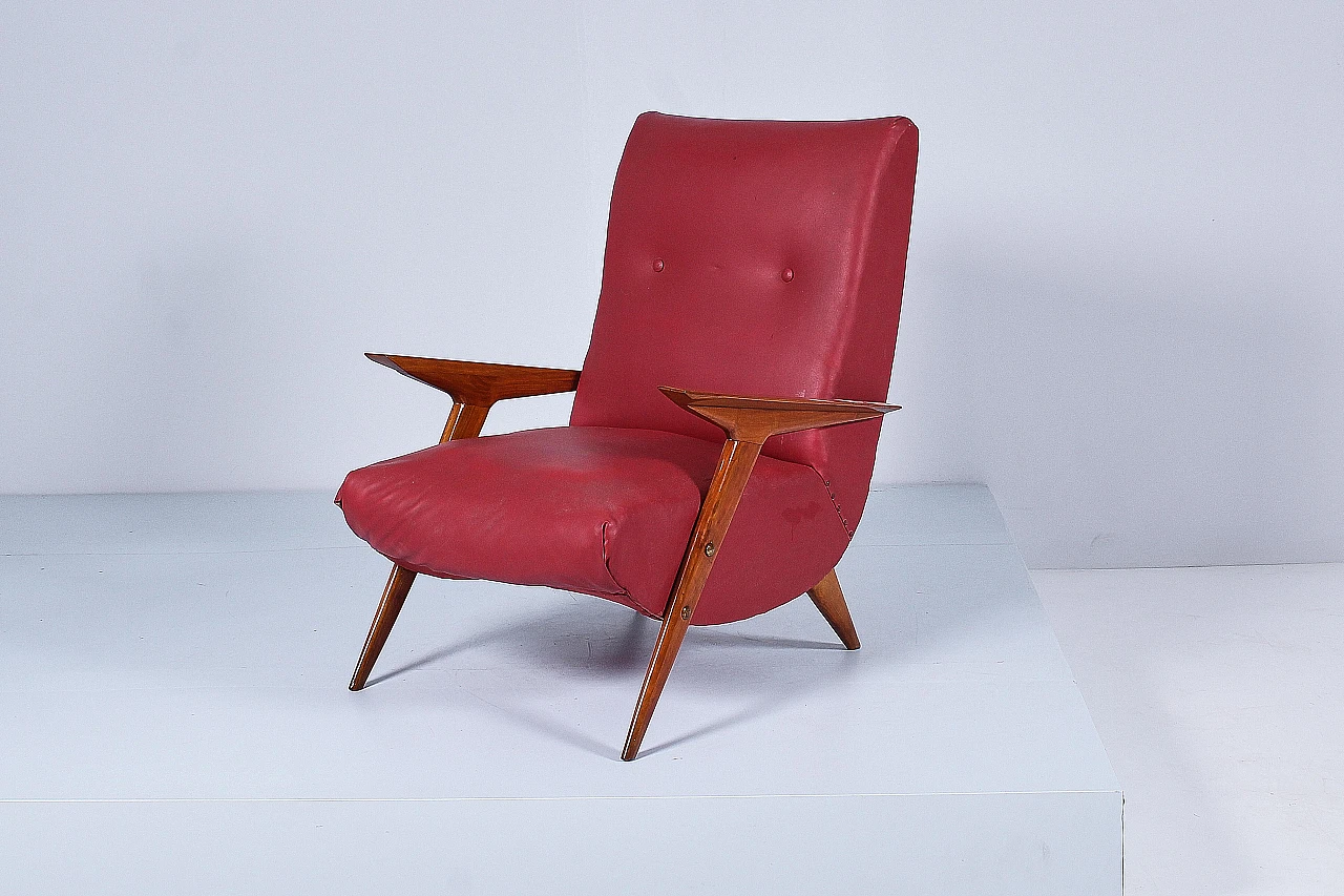 Wood and red leather armchair attributed to Carlo Graffi, 1950s 8