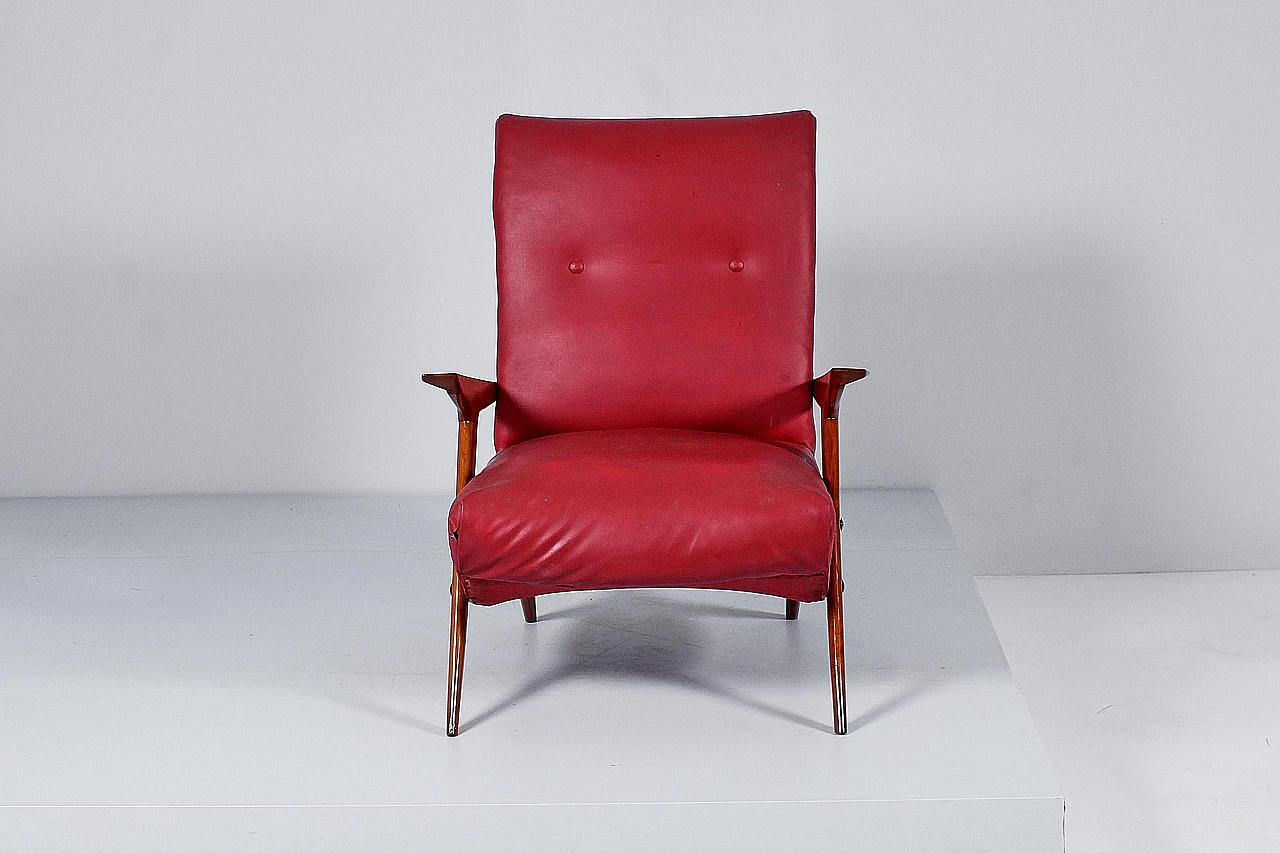 Wood and red leather armchair attributed to Carlo Graffi, 1950s 9
