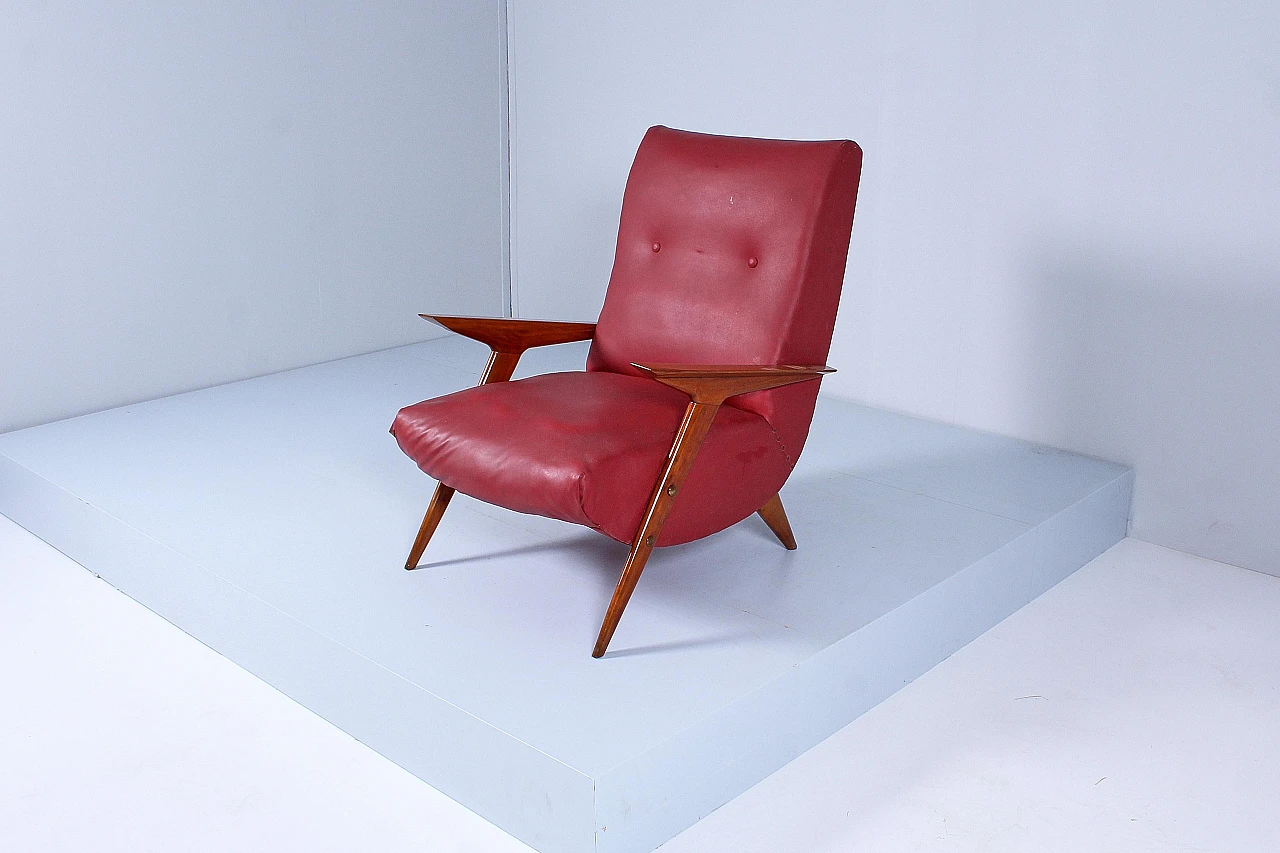 Wood and red leather armchair attributed to Carlo Graffi, 1950s 10