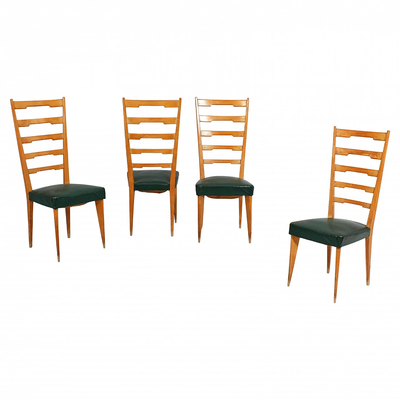 4 Chairs in wood and green skai in the style of Paolo Buffa, 1960s 1