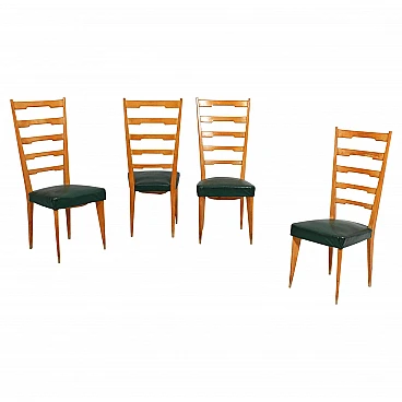 4 Chairs in wood and green skai in the style of Paolo Buffa, 1960s