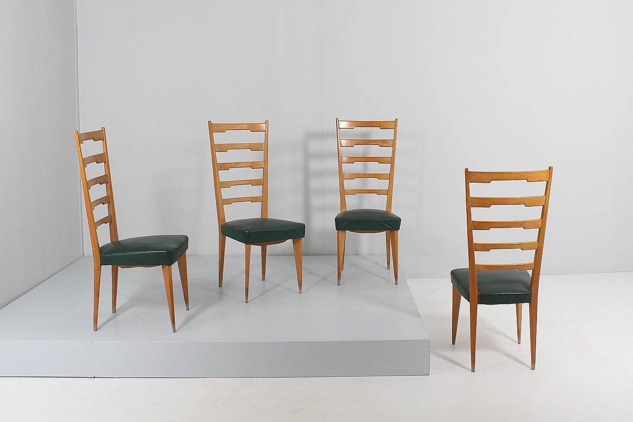 4 Chairs in wood and green skai in the style of Paolo Buffa, 1960s 2