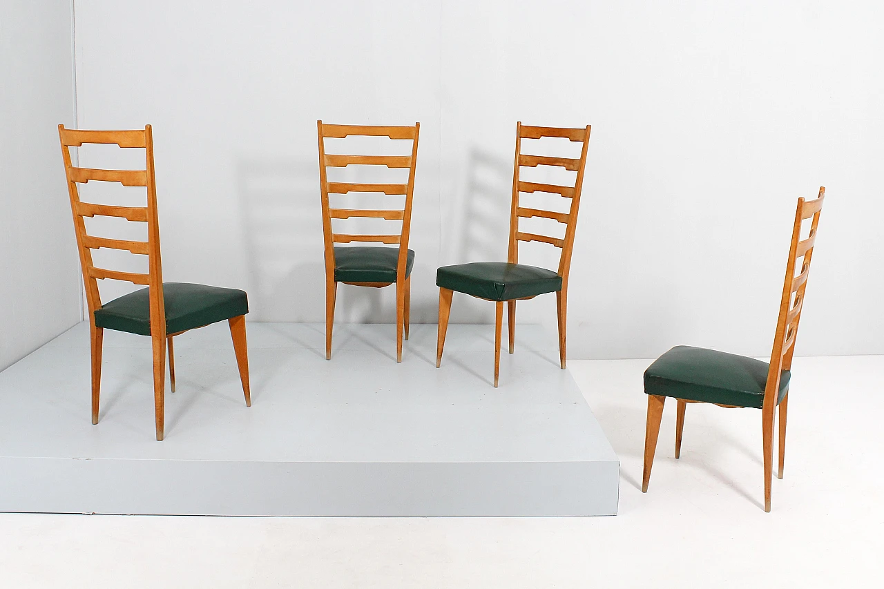 4 Chairs in wood and green skai in the style of Paolo Buffa, 1960s 3