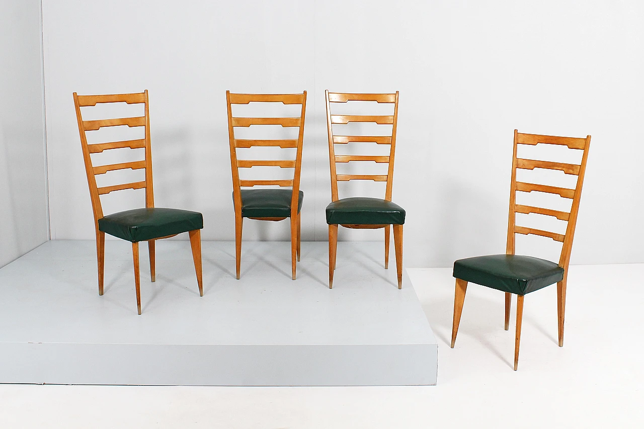 4 Chairs in wood and green skai in the style of Paolo Buffa, 1960s 4