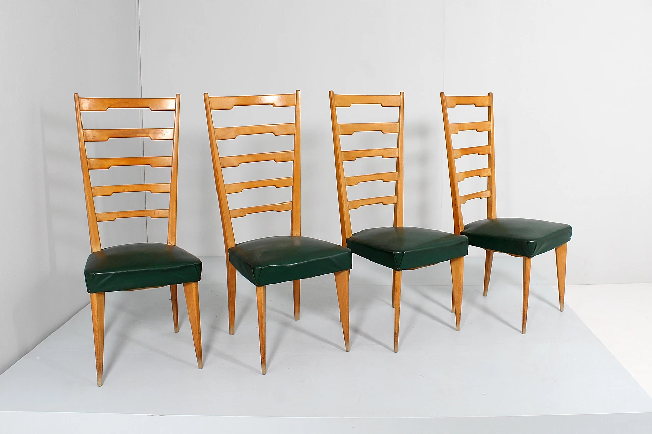 4 Chairs in wood and green skai in the style of Paolo Buffa, 1960s 6
