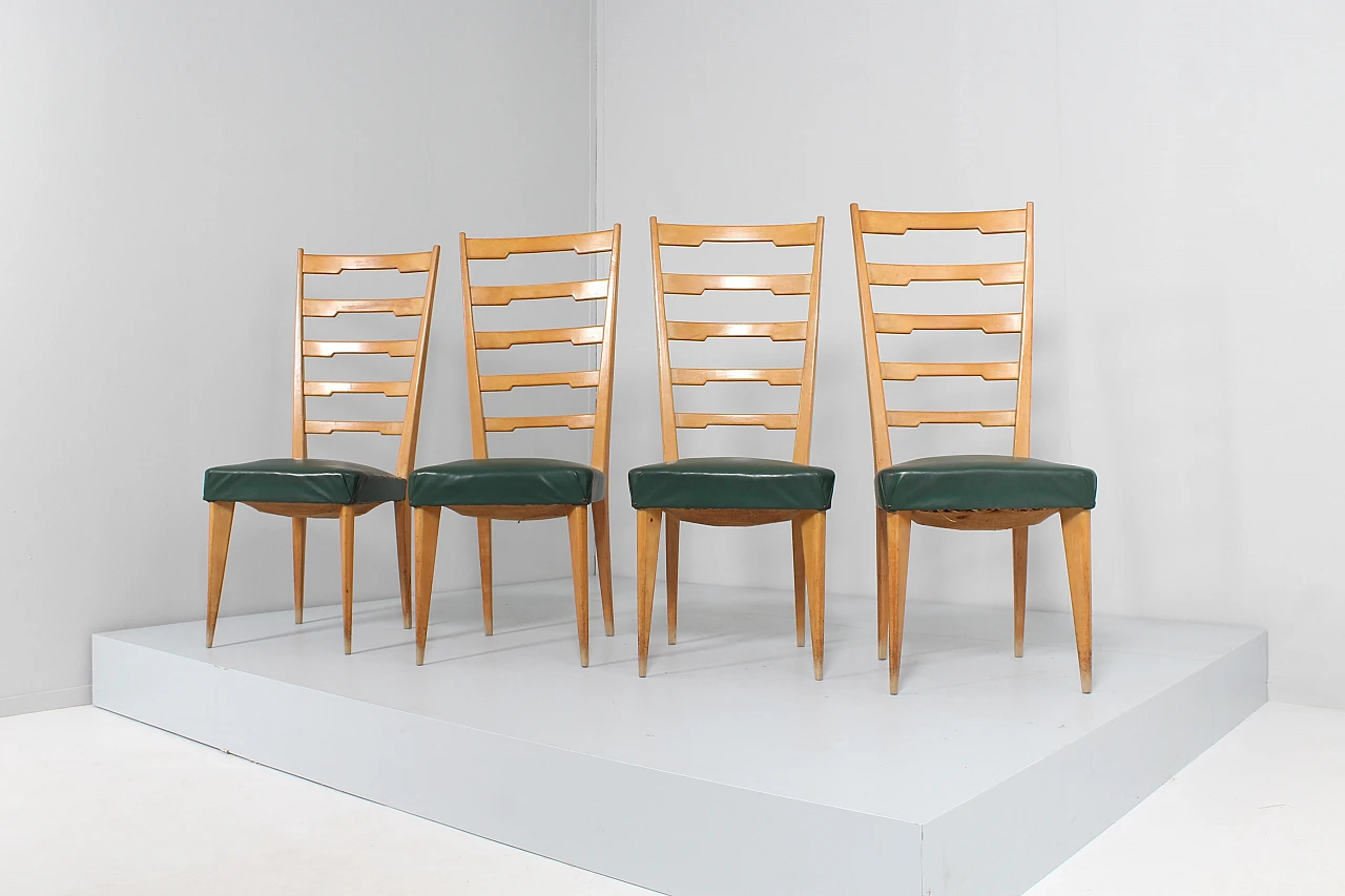 4 Chairs in wood and green skai in the style of Paolo Buffa, 1960s 7
