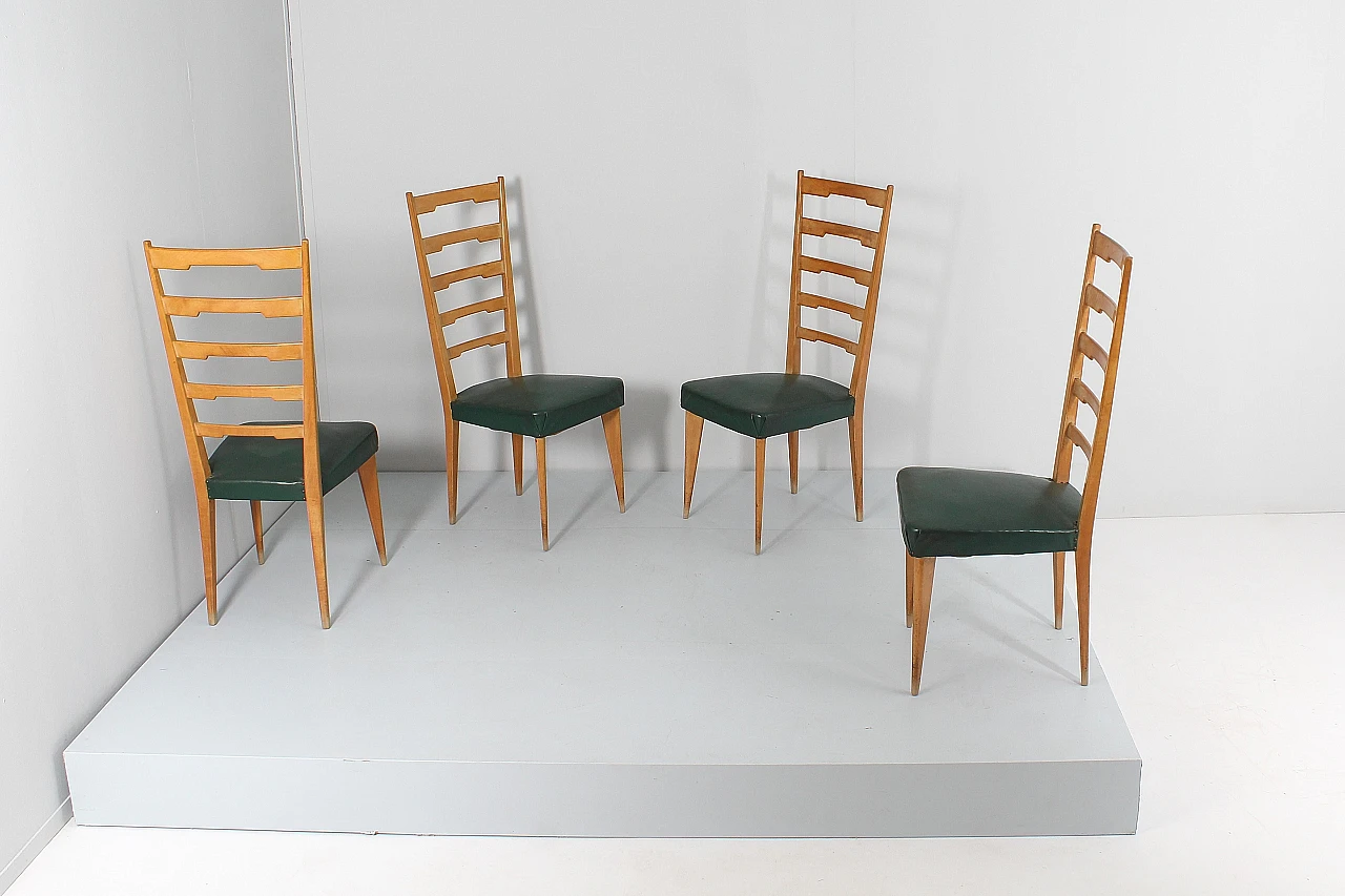 4 Chairs in wood and green skai in the style of Paolo Buffa, 1960s 8