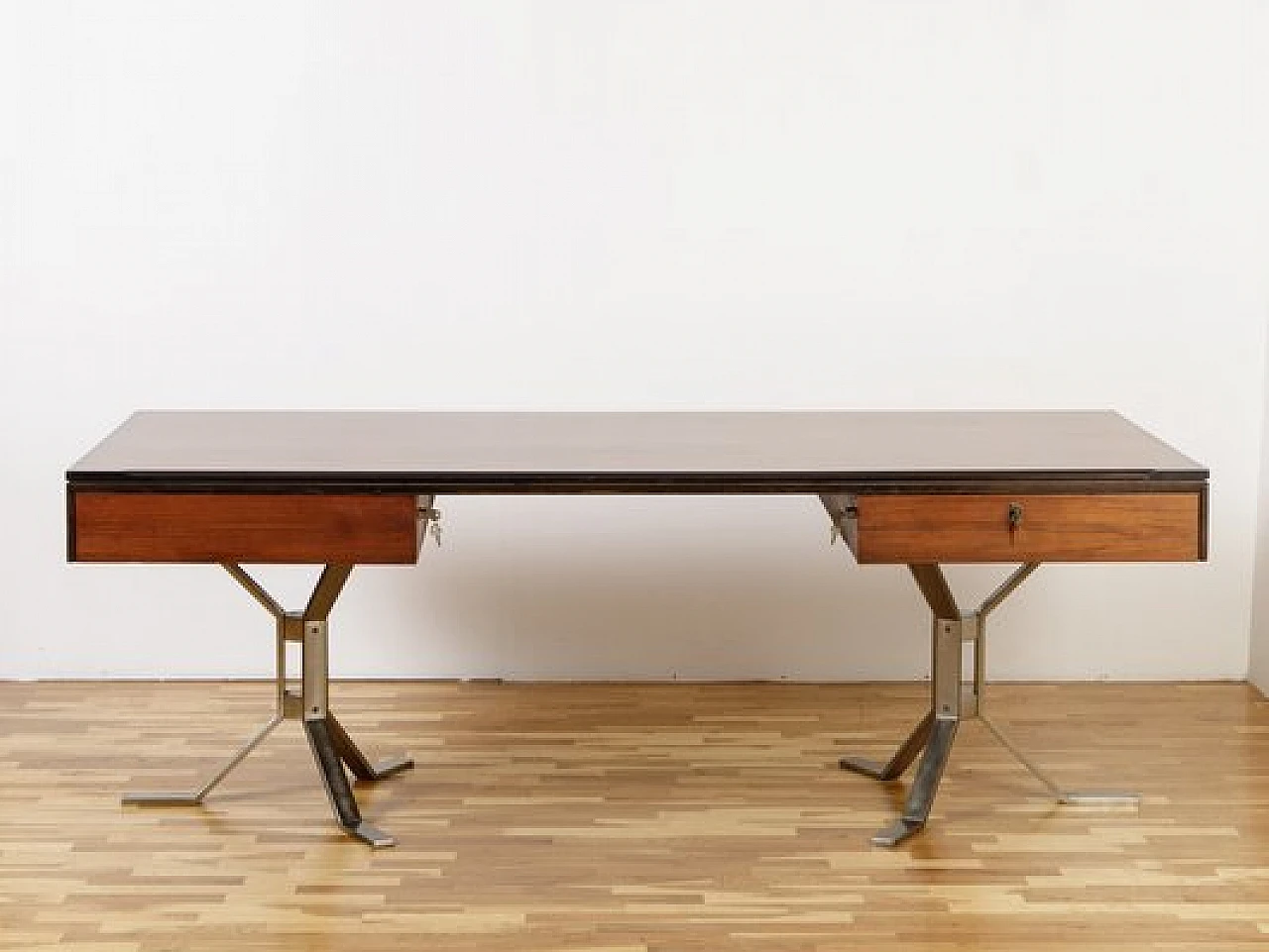 Wood and steel desk with two drawers, 1960s 1