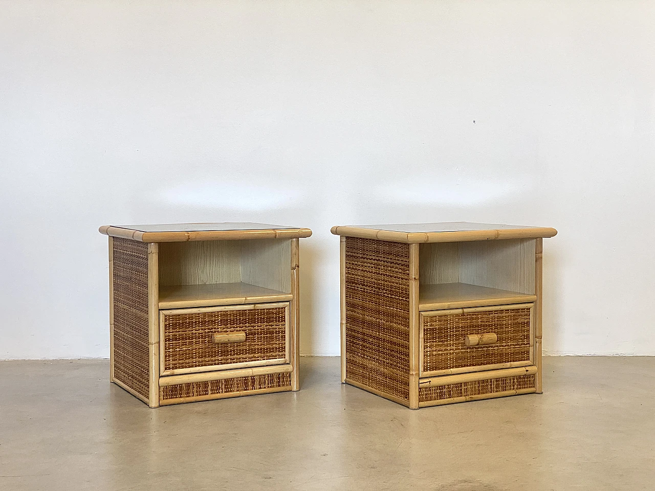 Pair of bedside tables in wicker and bamboo, 1980s 1