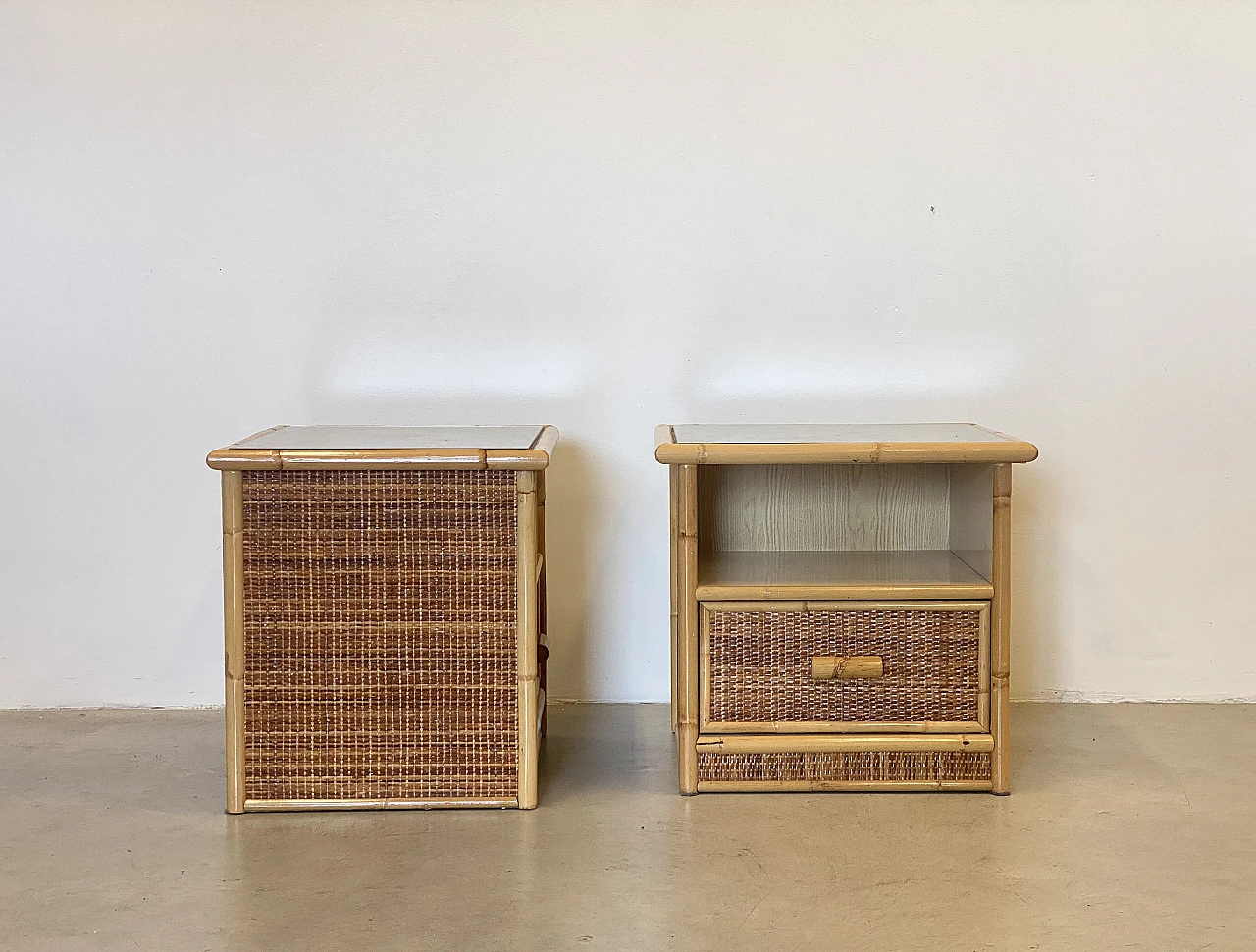 Pair of bedside tables in wicker and bamboo, 1980s 4