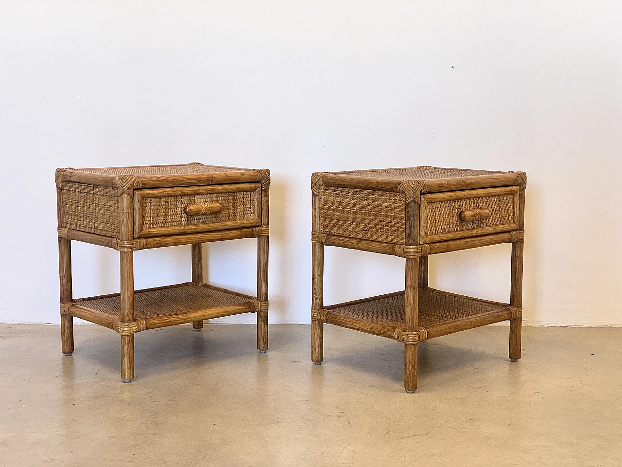 Pair of bedside tables in wicker and bamboo, 1970s 1