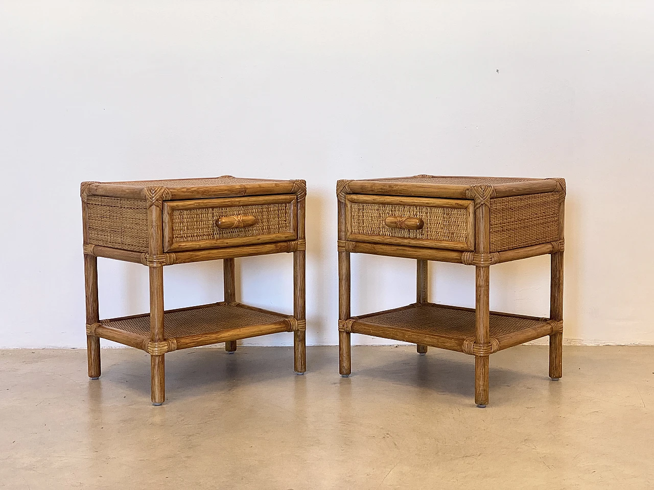 Pair of bedside tables in wicker and bamboo, 1970s 2