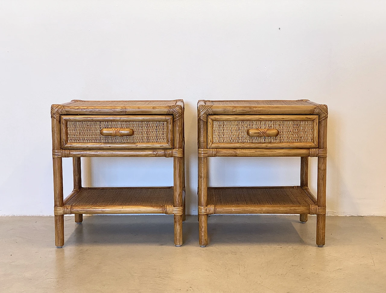 Pair of bedside tables in wicker and bamboo, 1970s 3