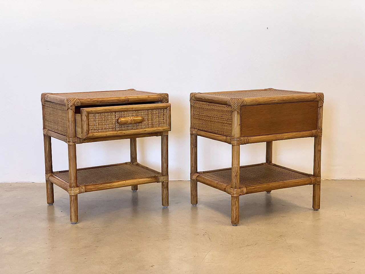 Pair of bedside tables in wicker and bamboo, 1970s 6