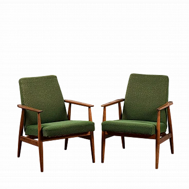 Pair of wood and green fabric armchairs in the style of Grete Jalk