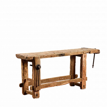Bancone da falegname in legno e ferro con morsa, fine '800