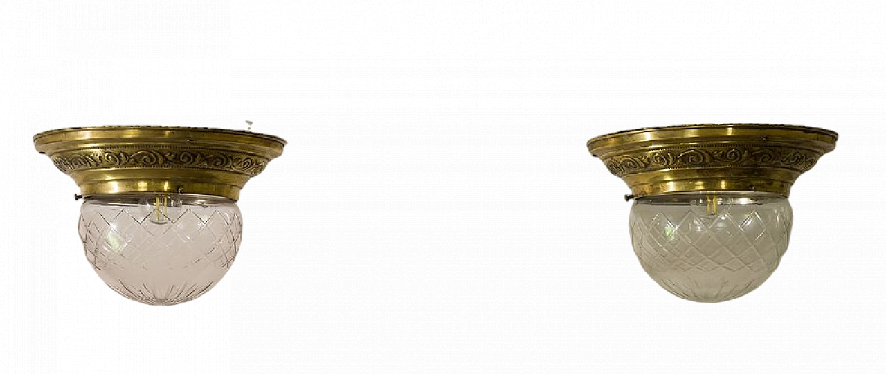 Pair of brass chandeliers with glass shade, early 20th century 11