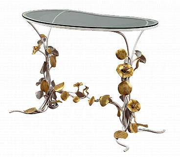 Tavolino in ferro battuto bianco e dorato con piano in vetro, anni '90