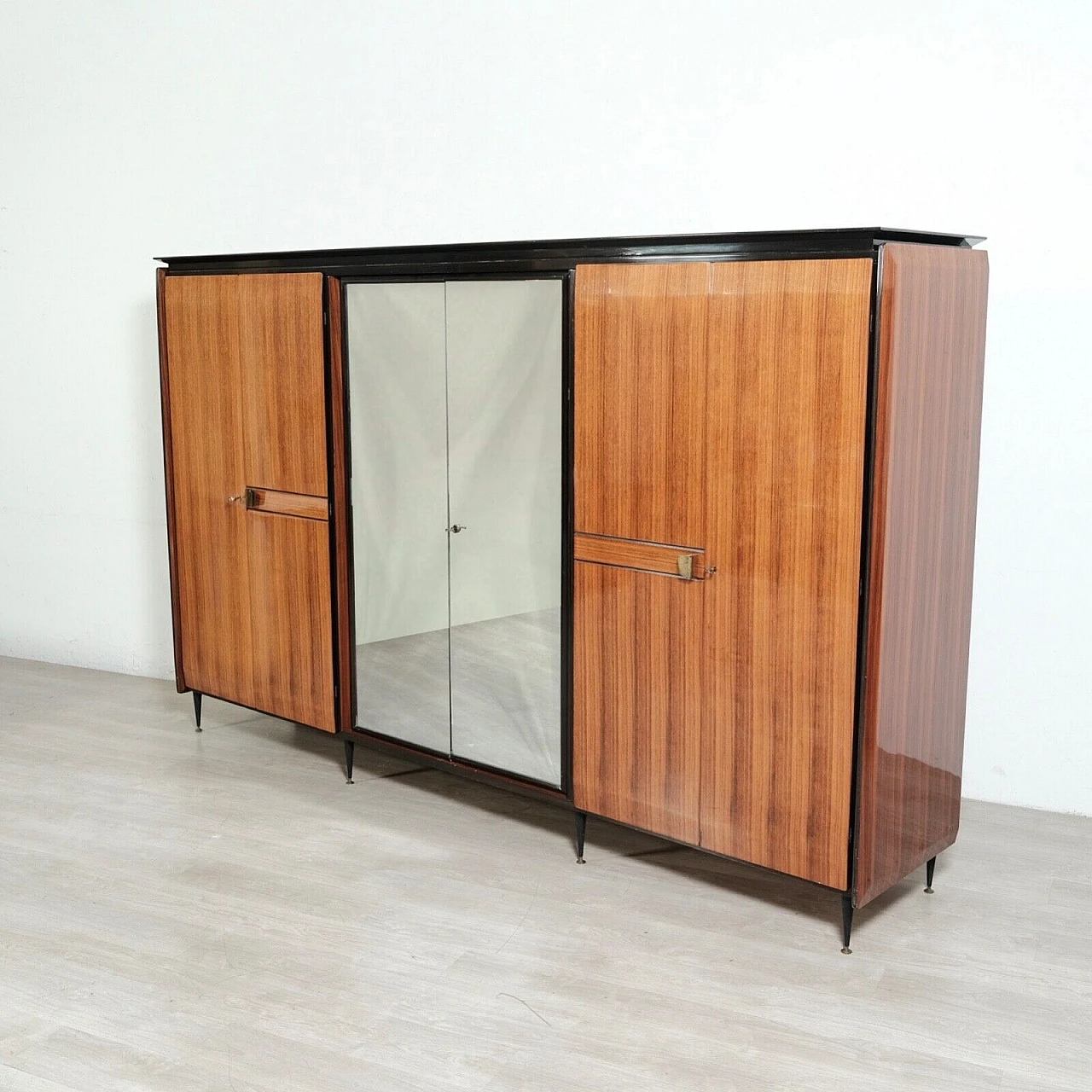 Wood six-door wardrobe with central mirror, 1950s 3