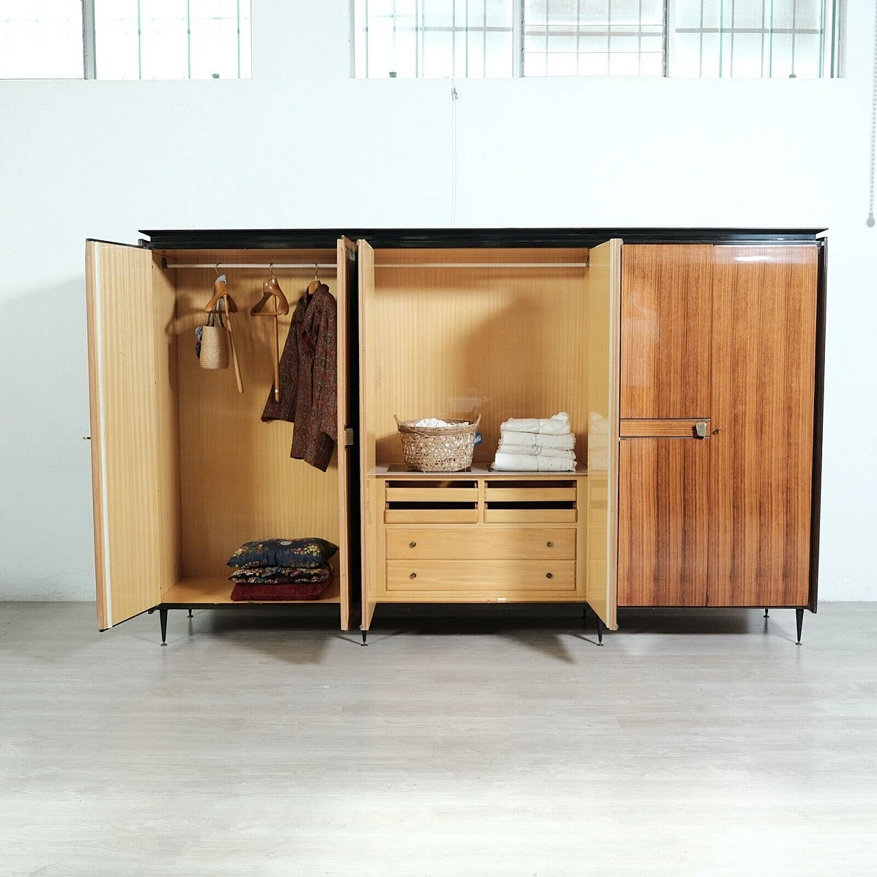 Wood six-door wardrobe with central mirror, 1950s 6