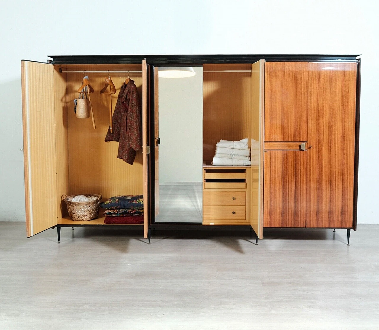 Wood six-door wardrobe with central mirror, 1950s 8