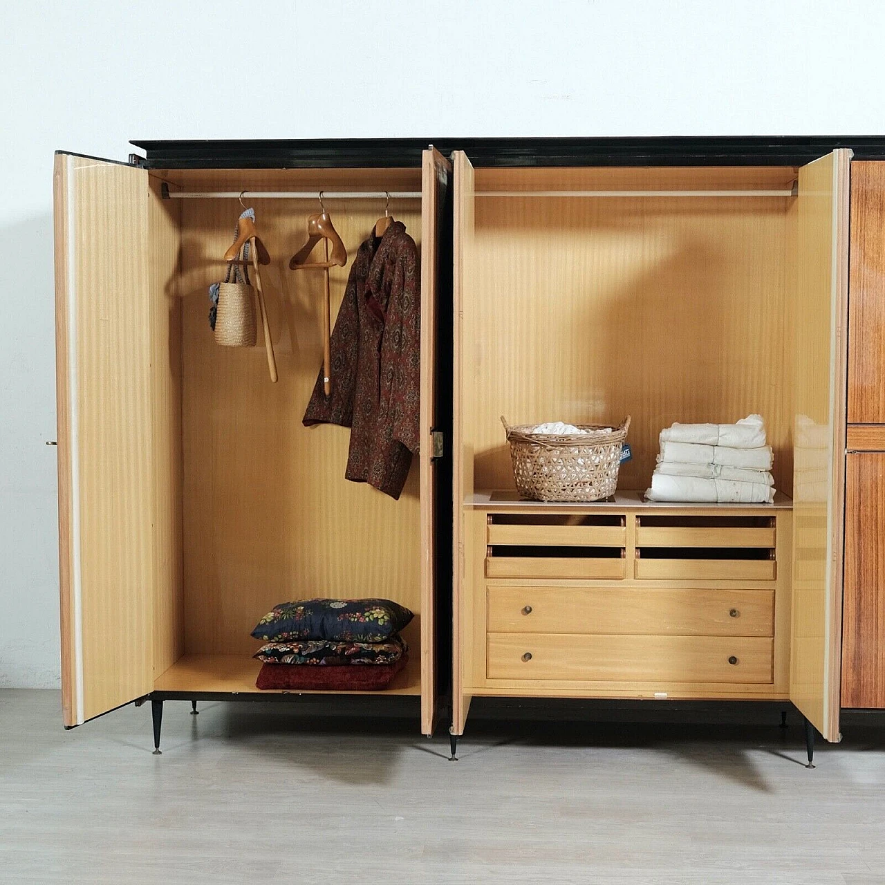 Wood six-door wardrobe with central mirror, 1950s 9