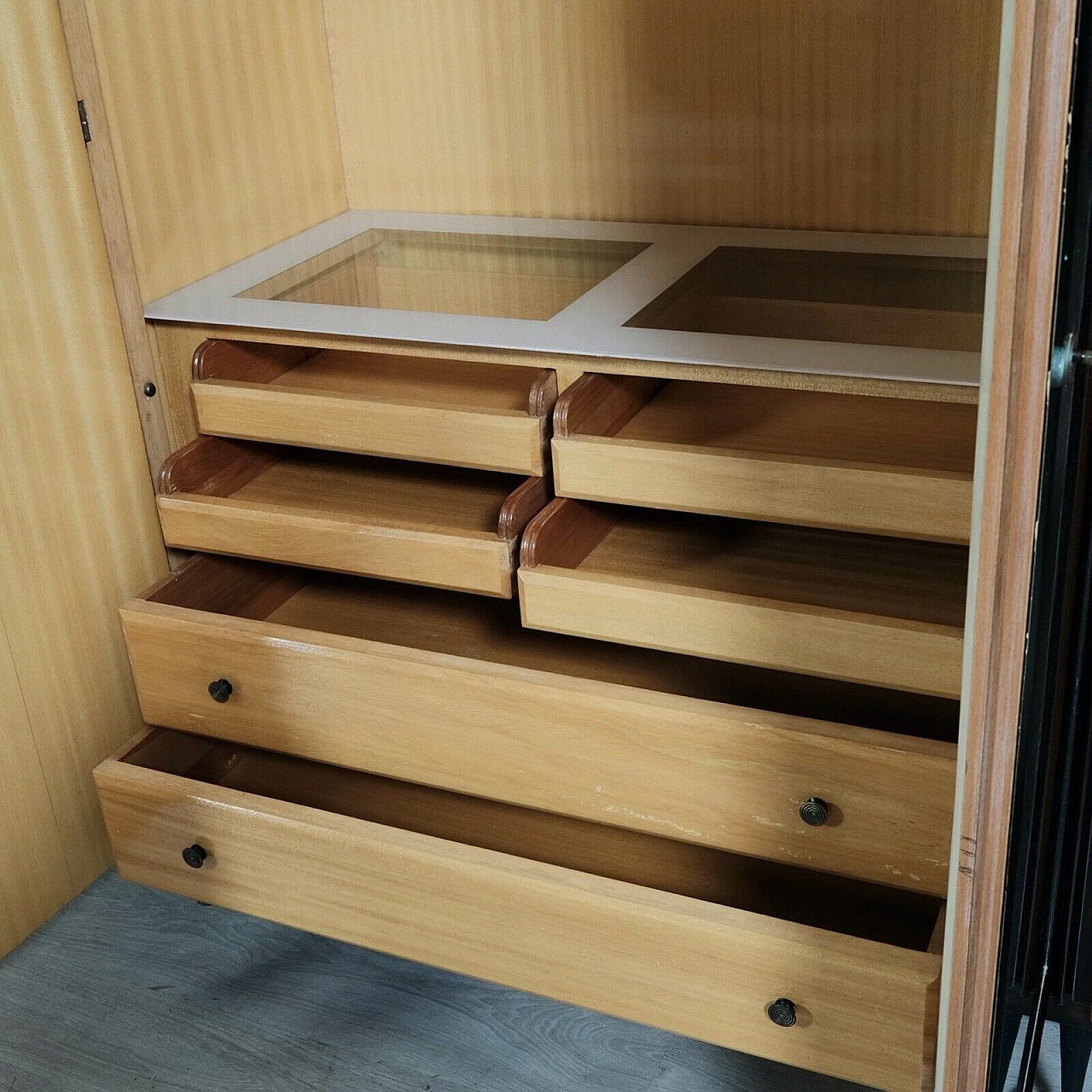 Wood six-door wardrobe with central mirror, 1950s 11