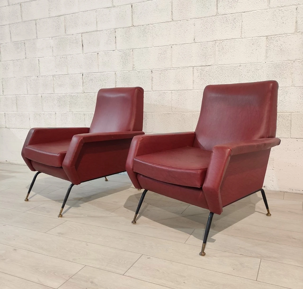 Pair of armchairs in skai, iron and brass, 1960s 1