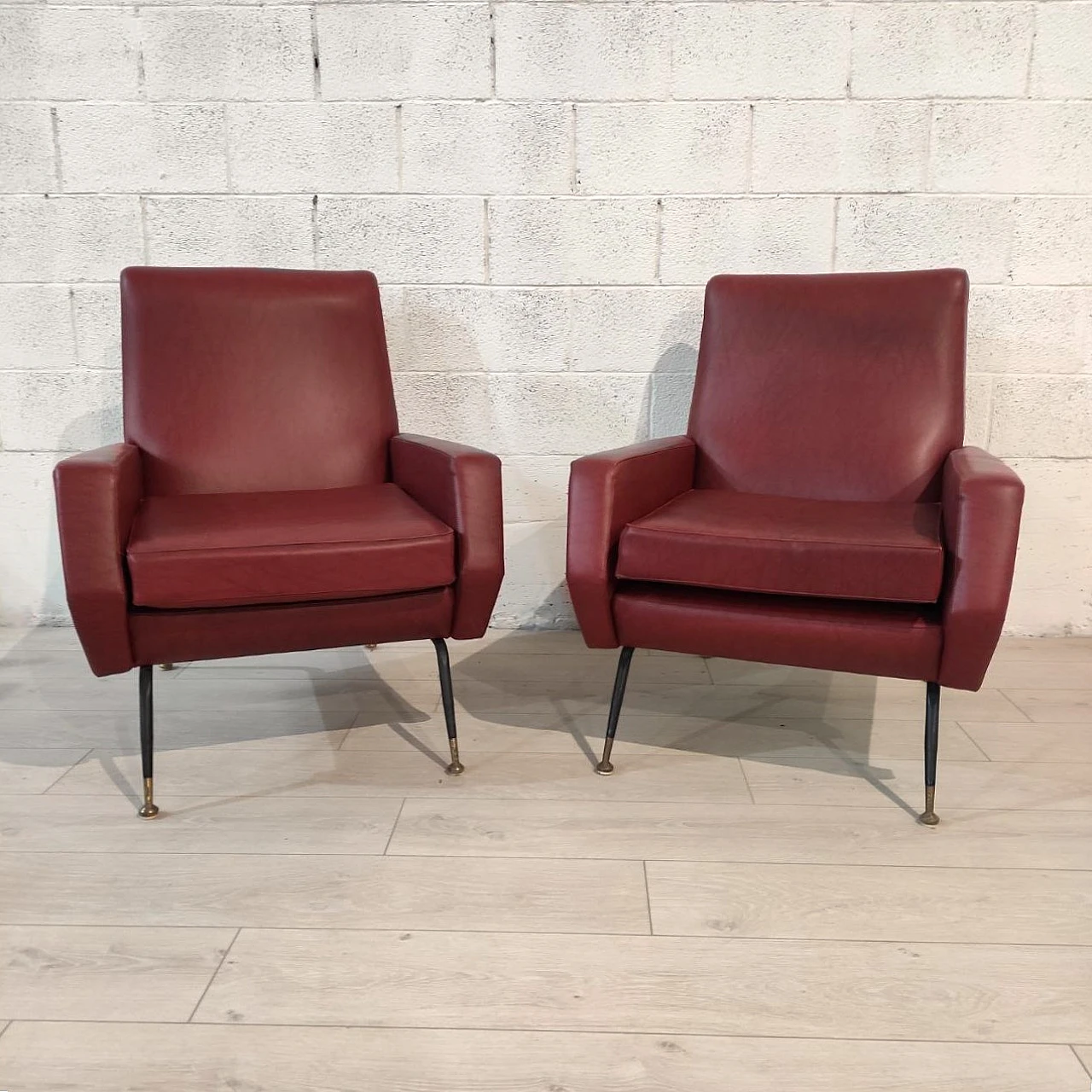 Pair of armchairs in skai, iron and brass, 1960s 3