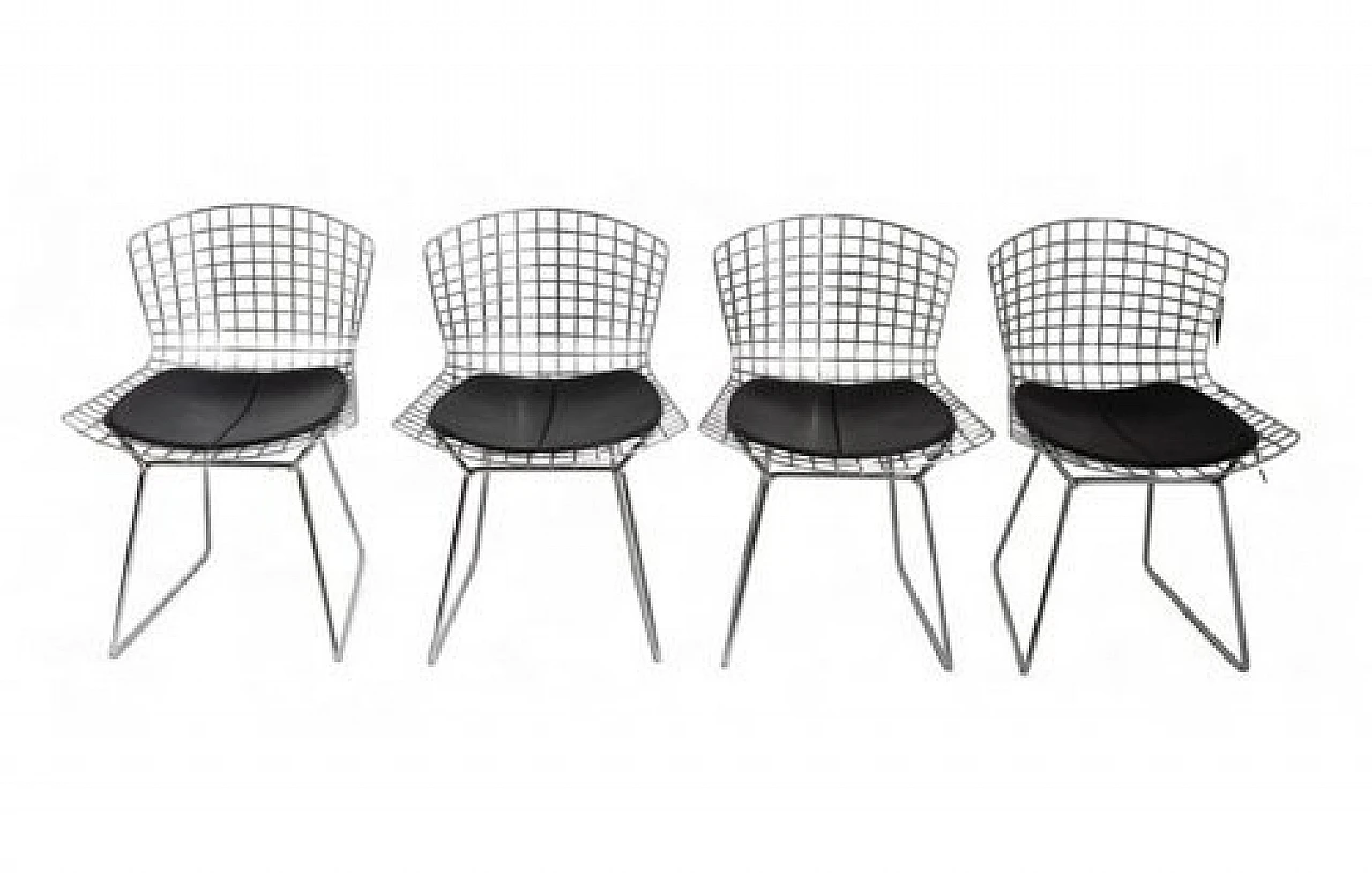 4 Steel & metal chairs with leather cushions by H. Bertoia, 1970s 1