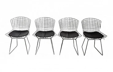 4 Steel & metal chairs with leather cushions by H. Bertoia, 1970s