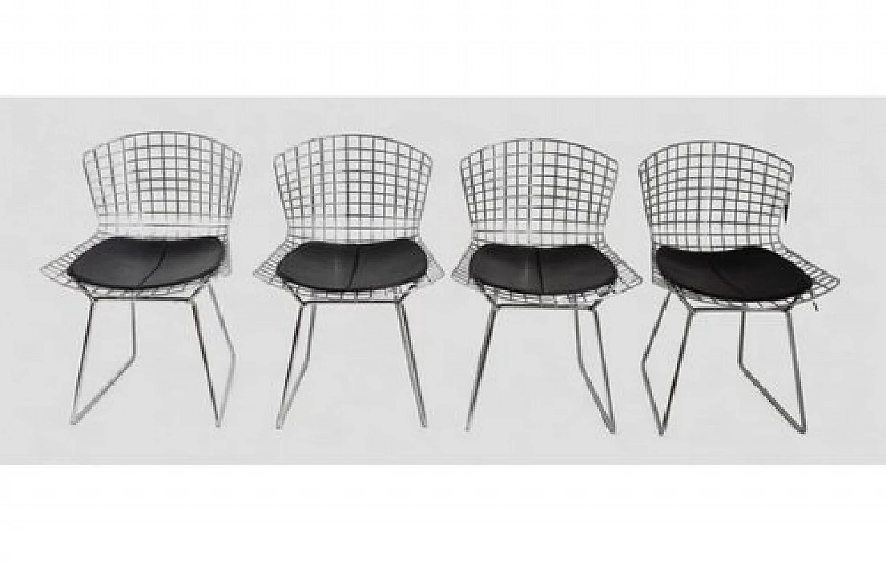 4 Steel & metal chairs with leather cushions by H. Bertoia, 1970s 2