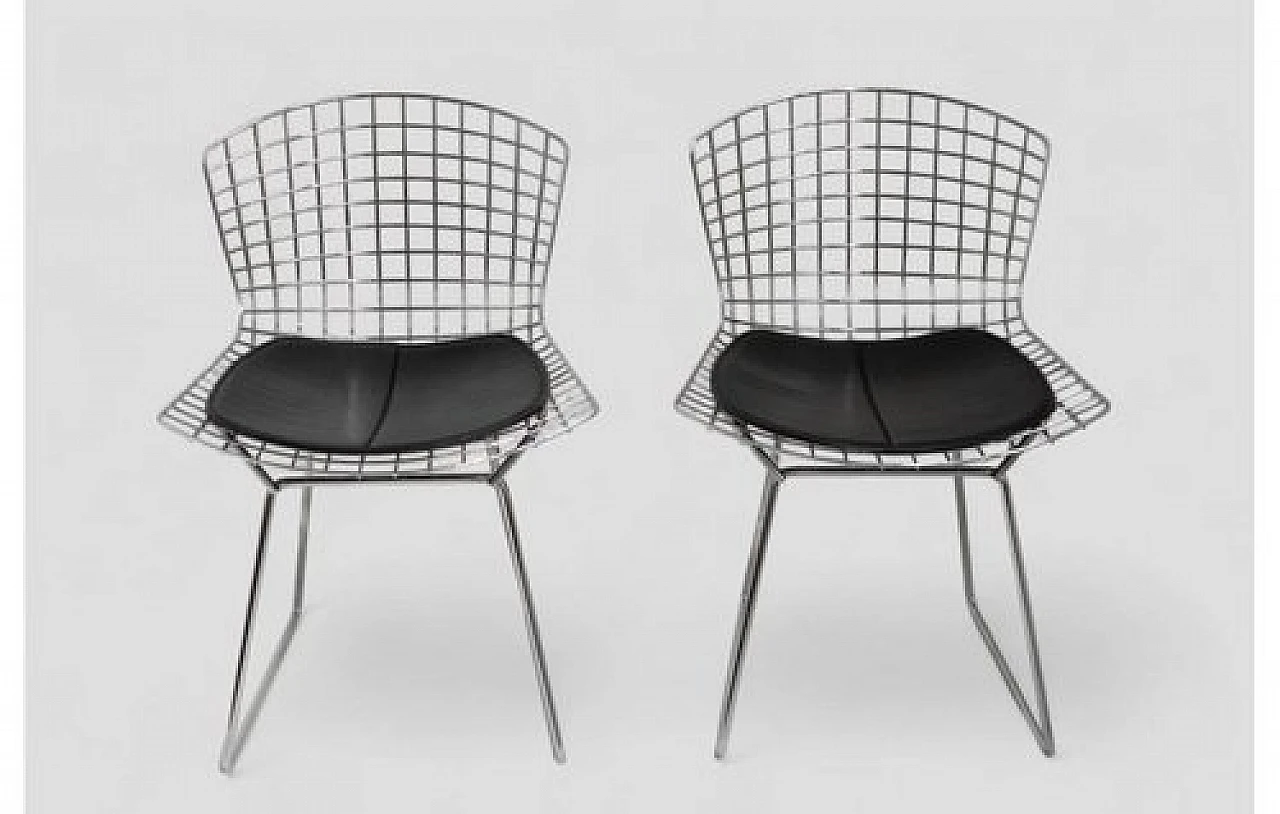 4 Steel & metal chairs with leather cushions by H. Bertoia, 1970s 3