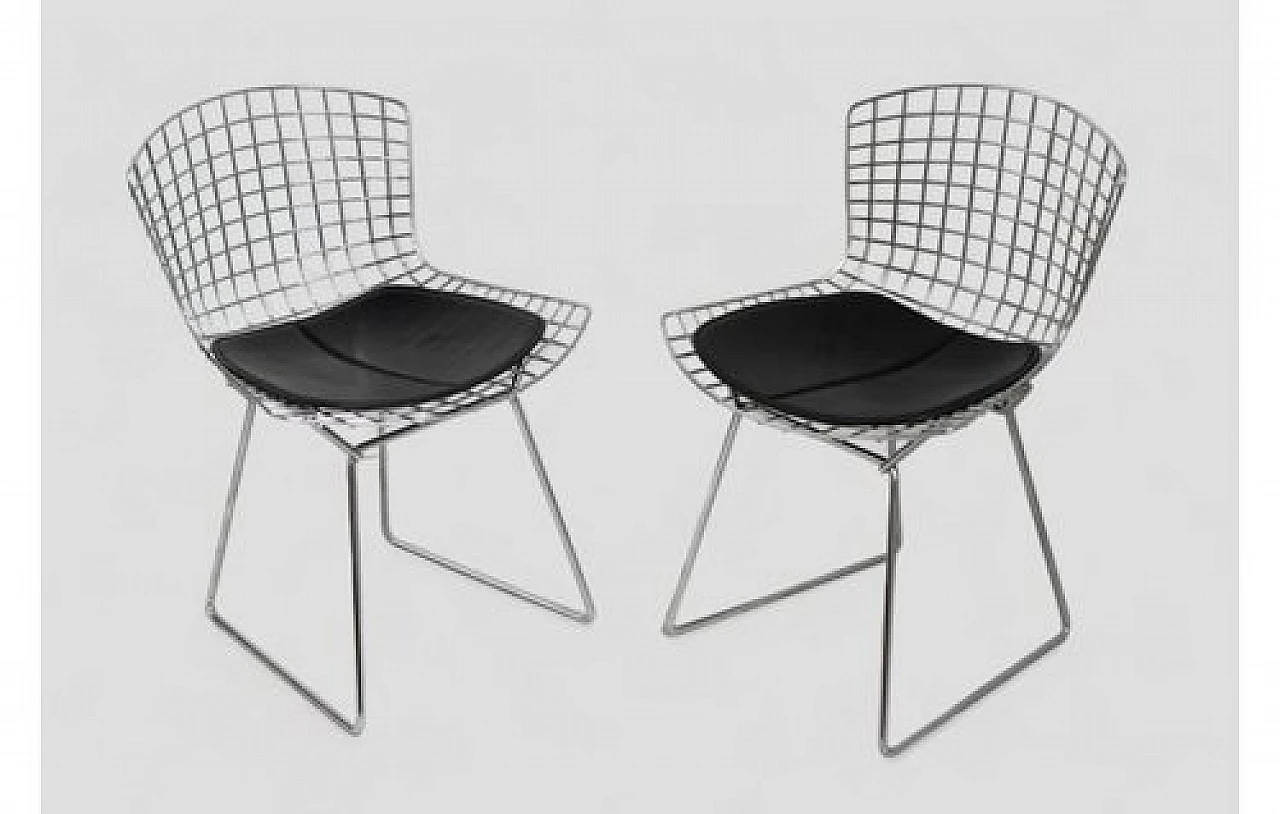 4 Steel & metal chairs with leather cushions by H. Bertoia, 1970s 4