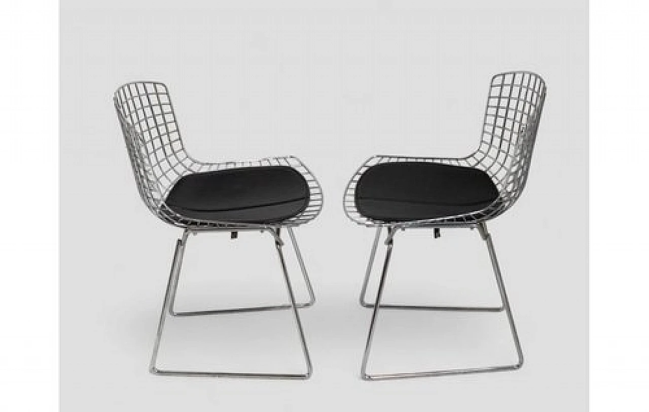 4 Steel & metal chairs with leather cushions by H. Bertoia, 1970s 5