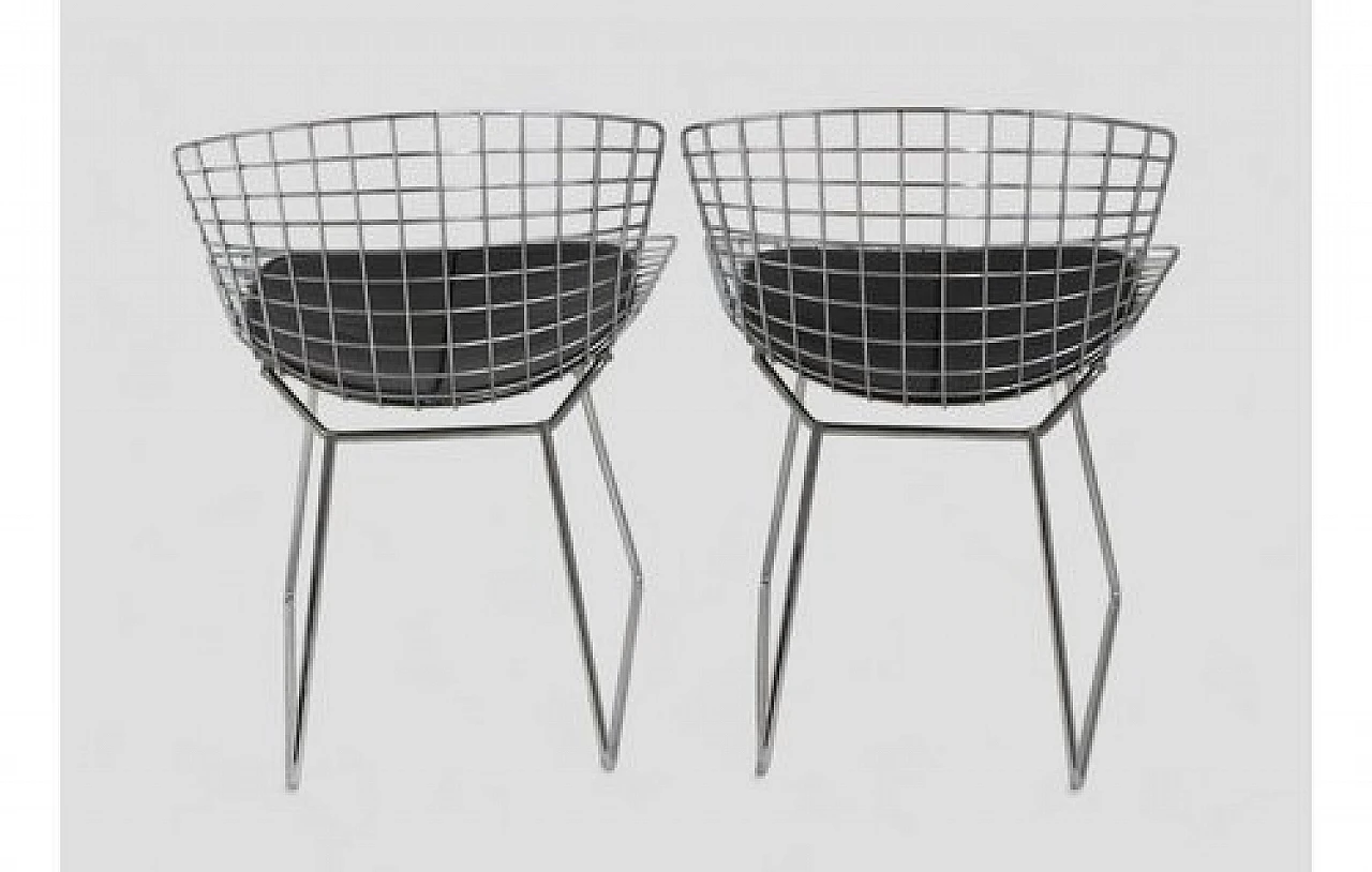 4 Steel & metal chairs with leather cushions by H. Bertoia, 1970s 6