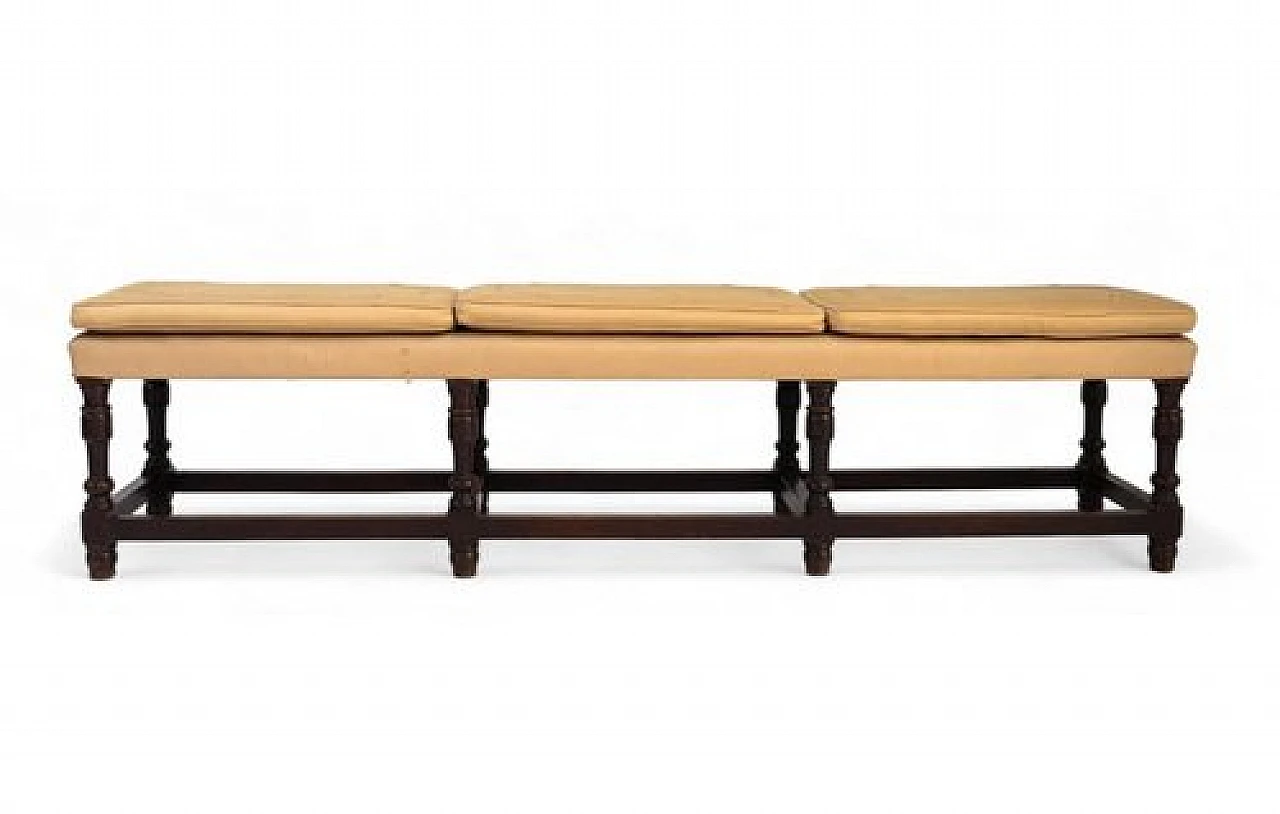 Three-seater bench in wood upholstered with yellow fabric, 1970s 1