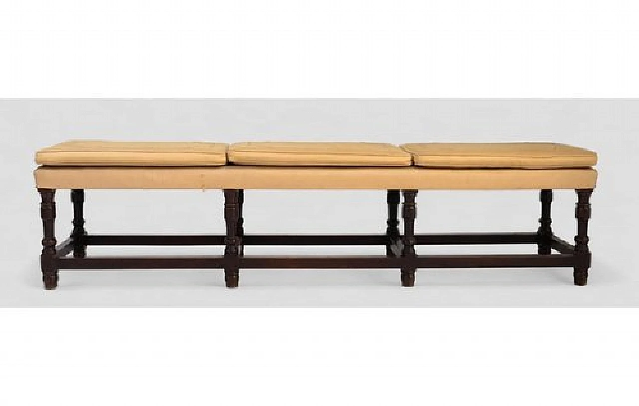 Three-seater bench in wood upholstered with yellow fabric, 1970s 2