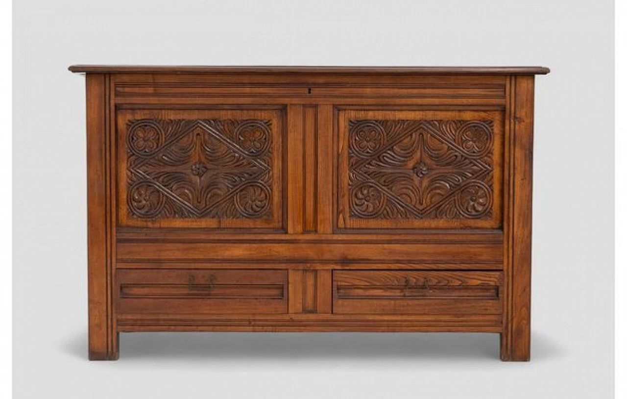 Wooden chest with carvings and two drawers, 1950s 2