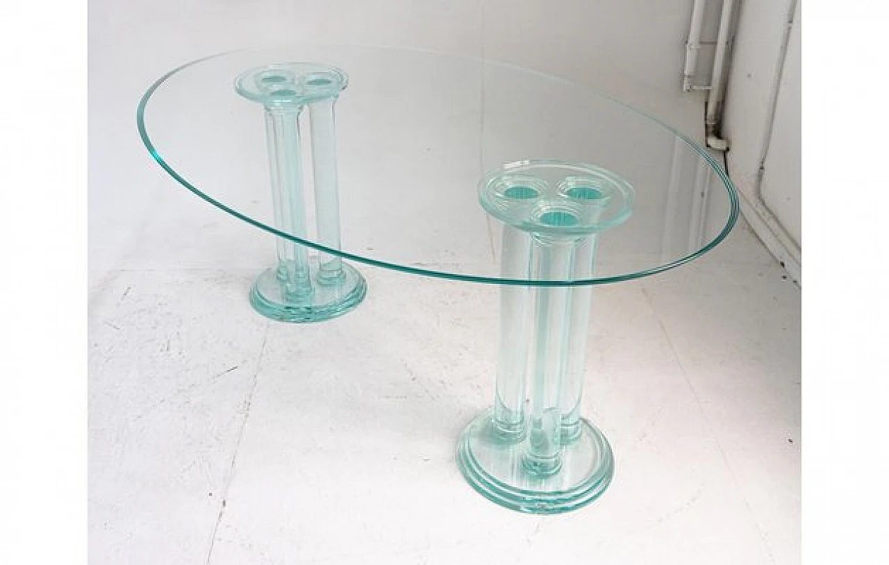 Oval glass dining table with acrylic glass column legs, 1970s 4