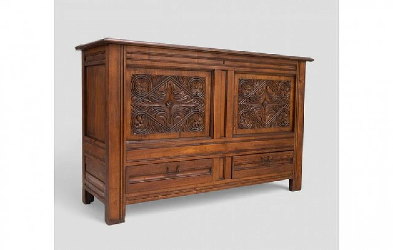 Wooden chest with carvings and two drawers, 1950s 3