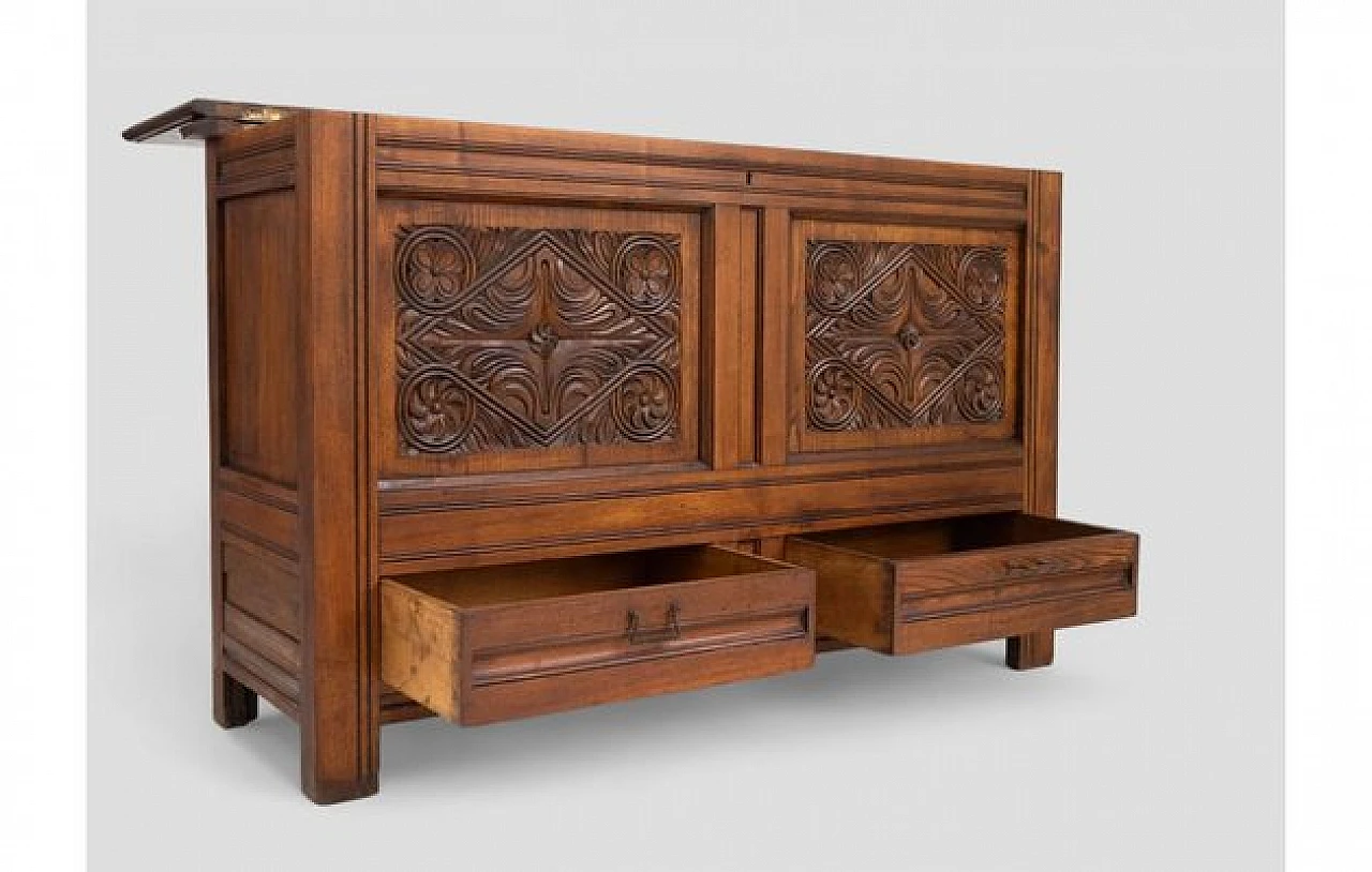 Wooden chest with carvings and two drawers, 1950s 4