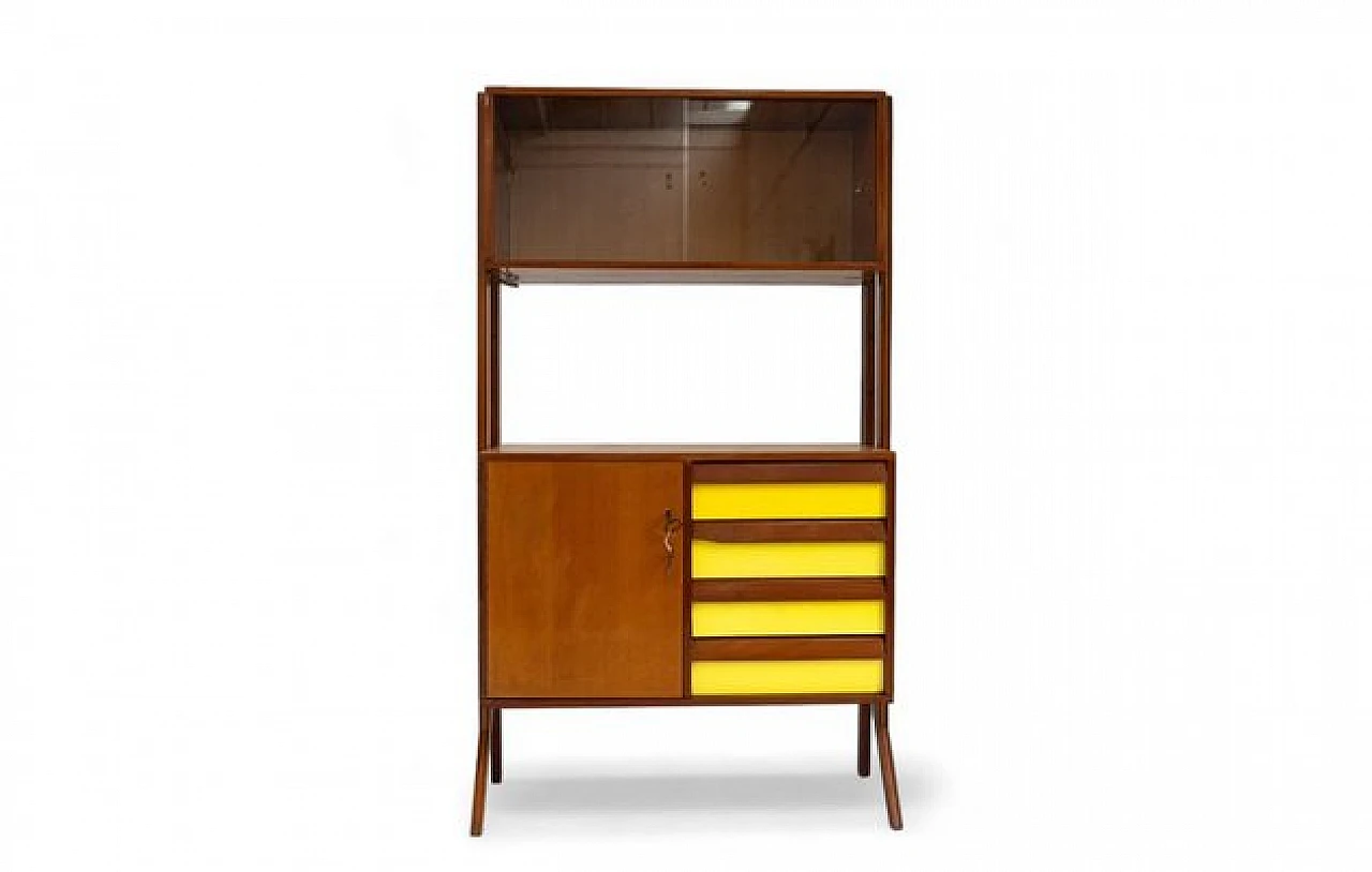 Wooden sideboard with yellow inserts, showcase & 4 drawers, 1950s 1