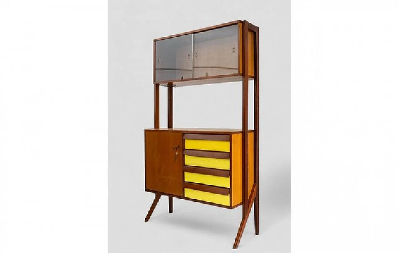 Wooden sideboard with yellow inserts, showcase & 4 drawers, 1950s 3