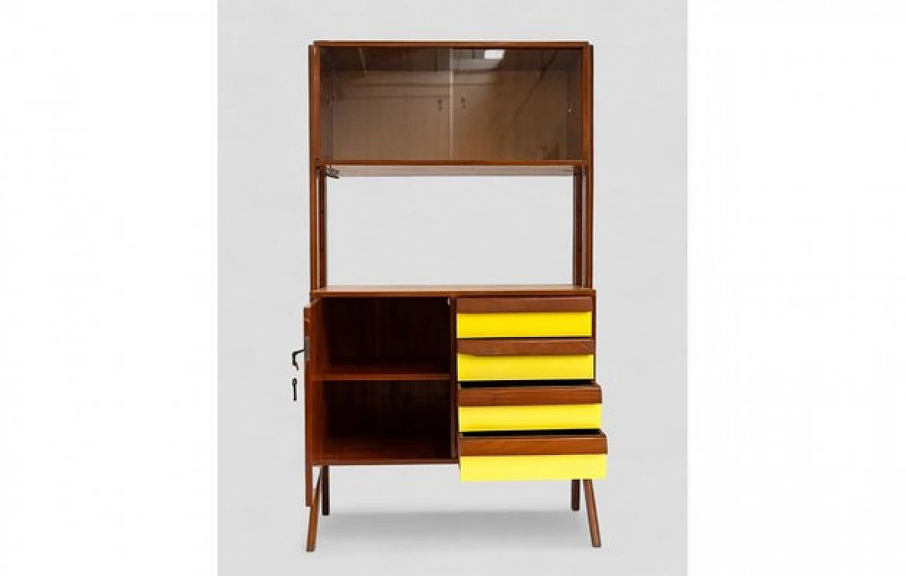 Wooden sideboard with yellow inserts, showcase & 4 drawers, 1950s 6